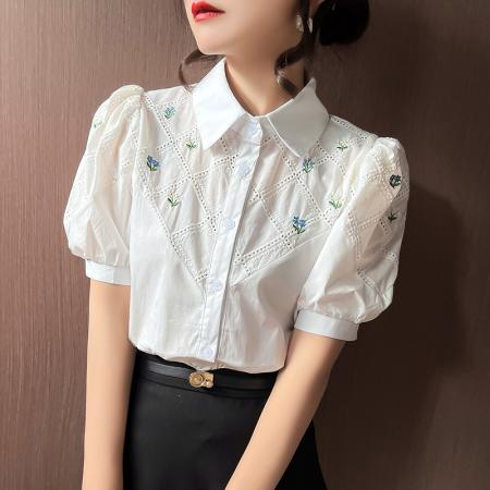 BY11883# 夏季正肩短袖雪纺衬衫女装夏装新款上衣设计感小众女士衬衣 服裝批發女裝批發服飾貨源