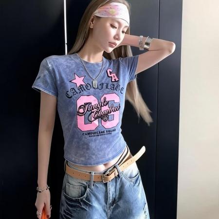 BY11889# 甜辣妹可爱减龄卡通洗水牛仔做旧春夏新ins潮韩日系ootd短T恤 服裝批發女裝批發服飾貨源