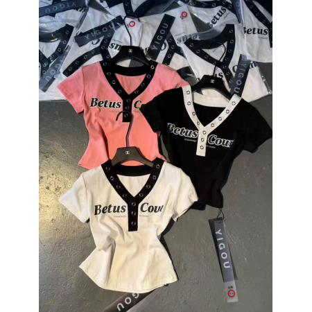 BY11891# 酷辣妹金属铁圈拼撞色春夏新ins潮韩日系ootd显瘦T恤时尚甜美 服裝批發女裝批發服飾貨源