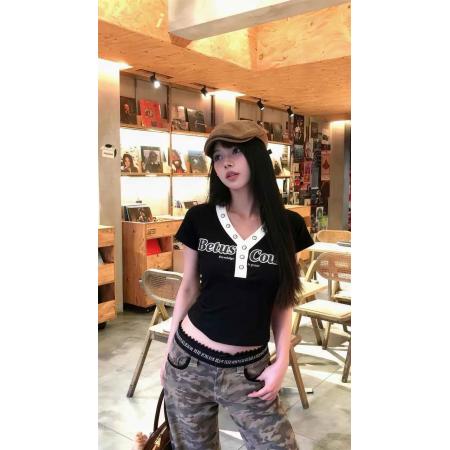 BY11891# 酷辣妹金属铁圈拼撞色春夏新ins潮韩日系ootd显瘦T恤时尚甜美 服裝批發女裝批發服飾貨源