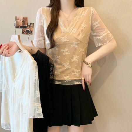BY11892# 夏季新款拼接V领打底短袖蕾丝衫大码显瘦减龄透气单上衣 服裝批發女裝批發服飾貨源