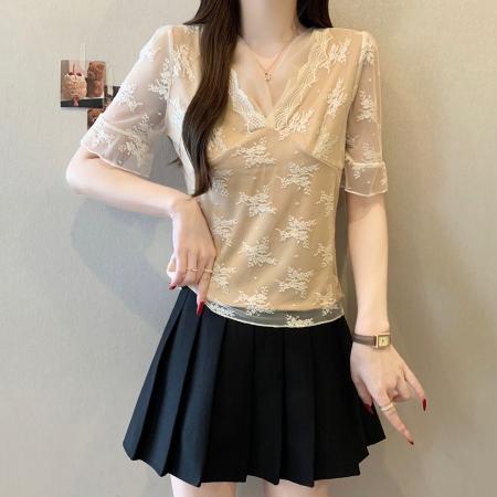 BY11892# 夏季新款拼接V领打底短袖蕾丝衫大码显瘦减龄透气单上衣 服裝批發女裝批發服飾貨源
