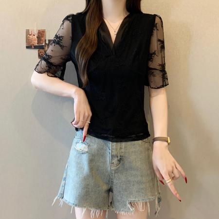 BY11892# 夏季新款拼接V领打底短袖蕾丝衫大码显瘦减龄透气单上衣 服裝批發女裝批發服飾貨源