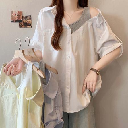 BY11893# 夏季新款针织拼接个性法式衬衣女大码宽松百搭休闲上衣 服裝批發女裝批發服飾貨源