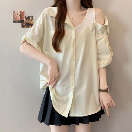 BY11893# 夏季新款针织拼接个性法式衬衣女大码宽松百搭休闲上衣 服裝批發女裝批發服飾貨源