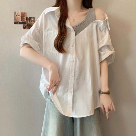 BY11893# 夏季新款针织拼接个性法式衬衣女大码宽松百搭休闲上衣 服裝批發女裝批發服飾貨源