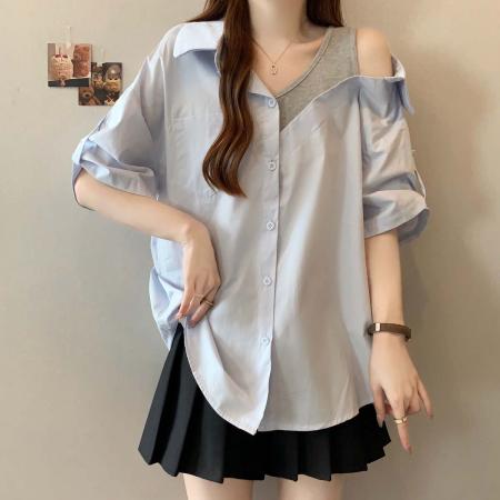 BY11893# 夏季新款针织拼接个性法式衬衣女大码宽松百搭休闲上衣 服裝批發女裝批發服飾貨源