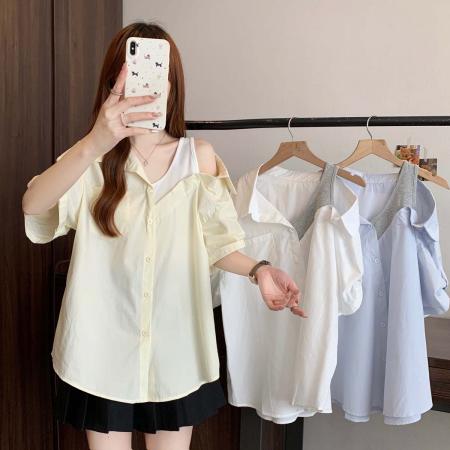 BY11893# 夏季新款针织拼接个性法式衬衣女大码宽松百搭休闲上衣 服裝批發女裝批發服飾貨源