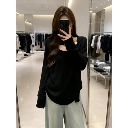 BY11895# 春一粒扣个性百搭休闲透气针织T恤女大码宽松显瘦单上衣 服裝批發女裝批發服飾貨源