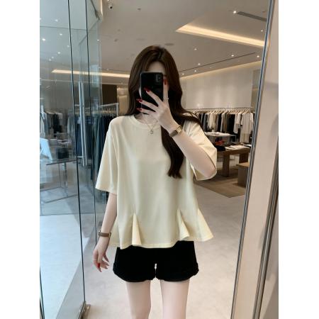 BY11896# 夏季新款圆领荷叶边个性针织T恤女大码休闲透气显瘦上衣 服裝批發女裝批發服飾貨源