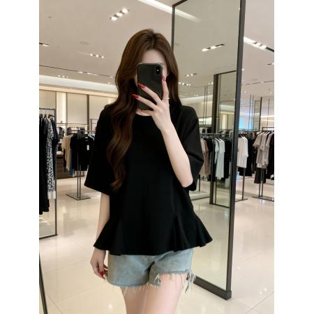 BY11896# 夏季新款圆领荷叶边个性针织T恤女大码休闲透气显瘦上衣 服裝批發女裝批發服飾貨源