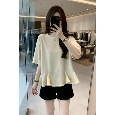 BY11896# 夏季新款圆领荷叶边个性针织T恤女大码休闲透气显瘦上衣 服裝批發女裝批發服飾貨源