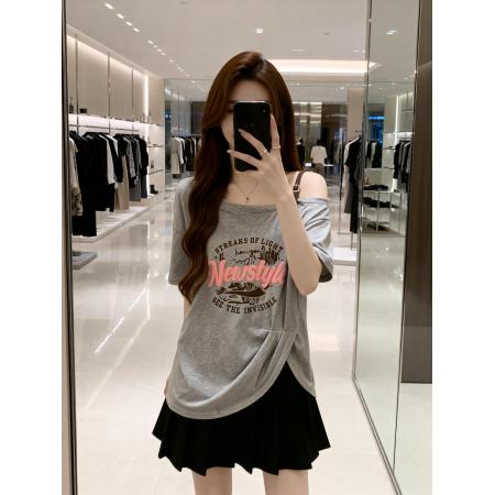 BY11898# 夏季新款漏肩印花字母针织百搭T恤女胖mm设计感休闲上衣 服裝批發女裝批發服飾貨源