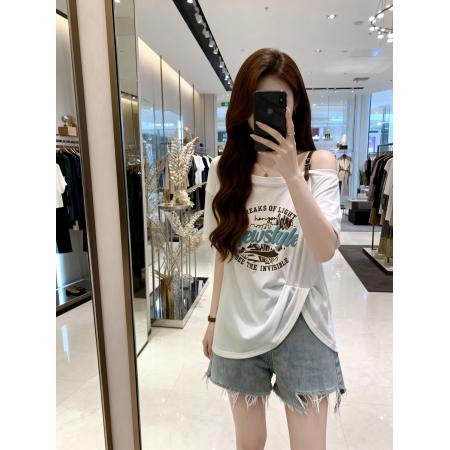 BY11898# 夏季新款漏肩印花字母针织百搭T恤女胖mm设计感休闲上衣 服裝批發女裝批發服飾貨源