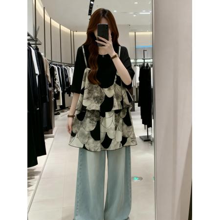 BY11899# 夏季新款假两件圆领拼接短袖雪纺T恤女大码宽松百搭短裙 服裝批發女裝批發服飾貨源