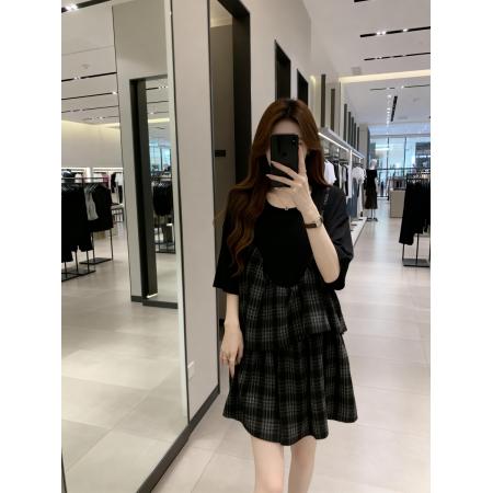 BY11899# 夏季新款假两件圆领拼接短袖雪纺T恤女大码宽松百搭短裙 服裝批發女裝批發服飾貨源