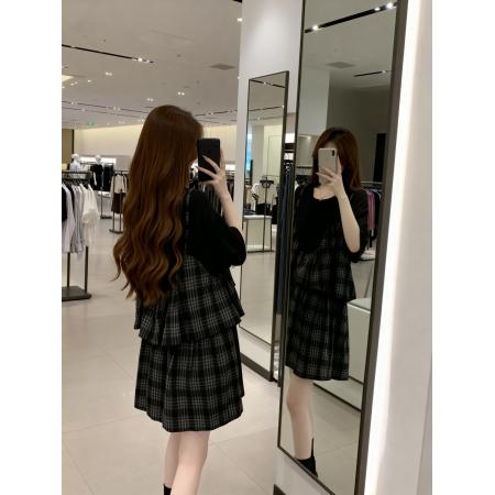 BY11899# 夏季新款假两件圆领拼接短袖雪纺T恤女大码宽松百搭短裙 服裝批發女裝批發服飾貨源