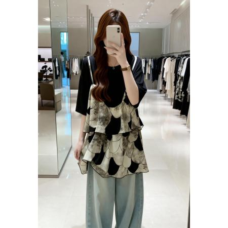 BY11899# 夏季新款假两件圆领拼接短袖雪纺T恤女大码宽松百搭短裙 服裝批發女裝批發服飾貨源