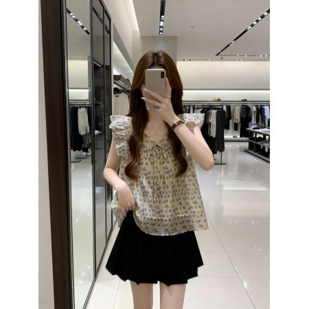 BY11901# 新款V领抽绳飞飞袖法式雪纺衫女大码百搭透气碎花单上衣 服裝批發女裝批發服飾貨源