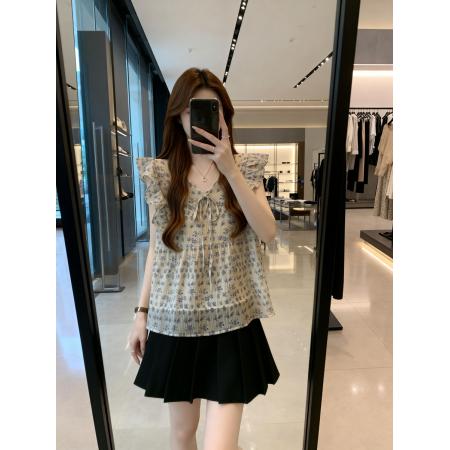 BY11901# 新款V领抽绳飞飞袖法式雪纺衫女大码百搭透气碎花单上衣 服裝批發女裝批發服飾貨源