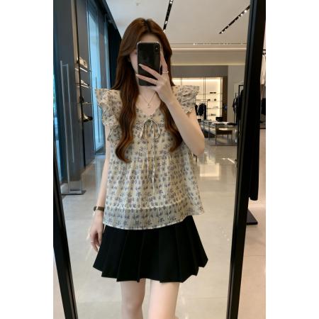 BY11901# 新款V领抽绳飞飞袖法式雪纺衫女大码百搭透气碎花单上衣 服裝批發女裝批發服飾貨源