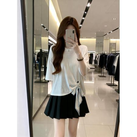 BY11902# 夏季新款圆领设计丝带百搭针织T恤女大码宽松休闲单上衣 服裝批發女裝批發服飾貨源