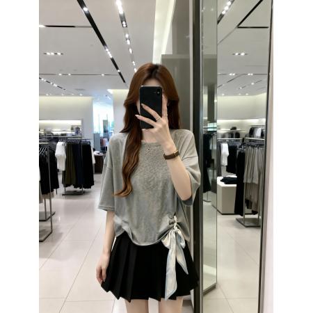 BY11902# 夏季新款圆领设计丝带百搭针织T恤女大码宽松休闲单上衣 服裝批發女裝批發服飾貨源