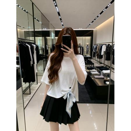 BY11902# 夏季新款圆领设计丝带百搭针织T恤女大码宽松休闲单上衣 服裝批發女裝批發服飾貨源