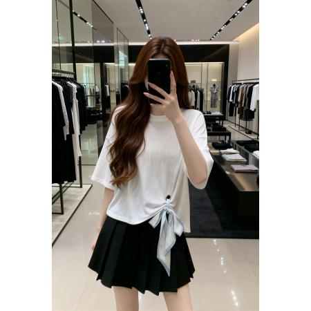 BY11902# 夏季新款圆领设计丝带百搭针织T恤女大码宽松休闲单上衣 服裝批發女裝批發服飾貨源