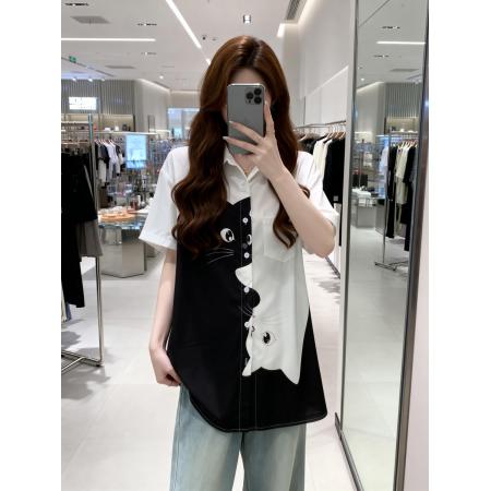 BY11903# 夏季新款卡通立体猫咪印花百搭衬衣女大码宽松休闲上衣 服裝批發女裝批發服飾貨源