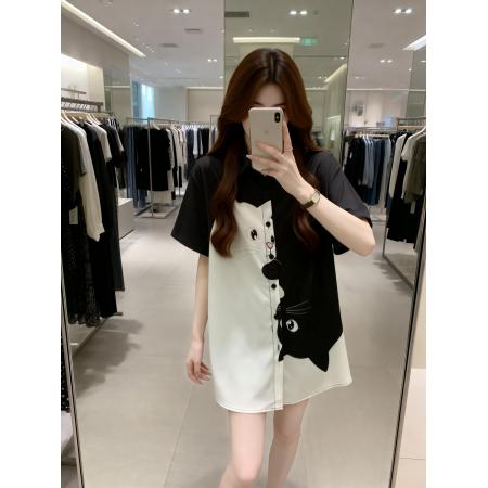 BY11903# 夏季新款卡通立体猫咪印花百搭衬衣女大码宽松休闲上衣 服裝批發女裝批發服飾貨源