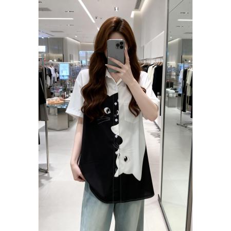 BY11903# 夏季新款卡通立体猫咪印花百搭衬衣女大码宽松休闲上衣 服裝批發女裝批發服飾貨源