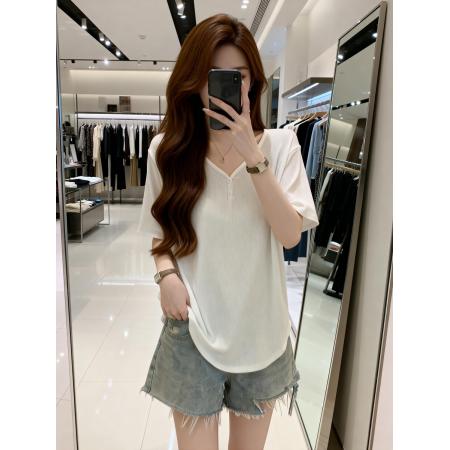 BY11904# 夏季新款V领正肩百搭休闲T恤女大码宽松遮肉减龄针织上衣 服裝批發女裝批發服飾貨源