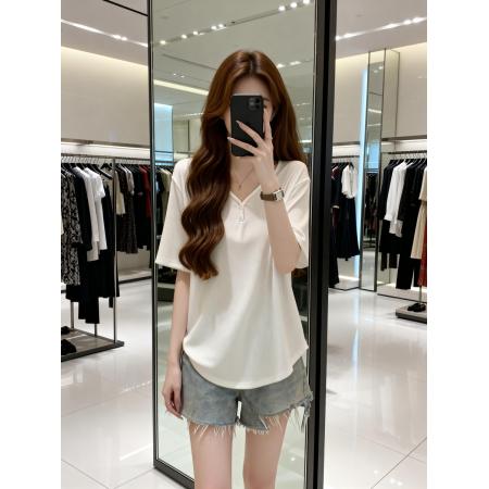 BY11904# 夏季新款V领正肩百搭休闲T恤女大码宽松遮肉减龄针织上衣 服裝批發女裝批發服飾貨源