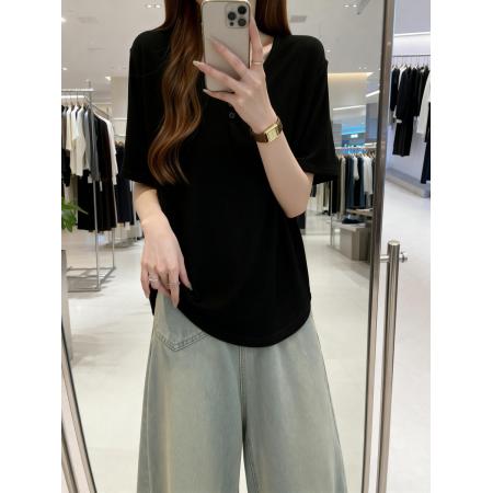 BY11904# 夏季新款V领正肩百搭休闲T恤女大码宽松遮肉减龄针织上衣 服裝批發女裝批發服飾貨源