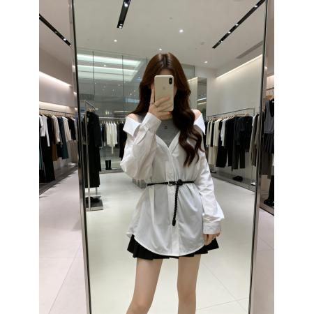 BY11905# 春季新款漏肩拼接针织百搭衬衫女大码宽松遮肉显瘦上衣 服裝批發女裝批發服飾貨源