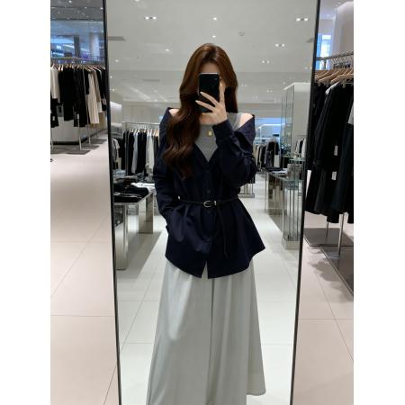 BY11905# 春季新款漏肩拼接针织百搭衬衫女大码宽松遮肉显瘦上衣 服裝批發女裝批發服飾貨源