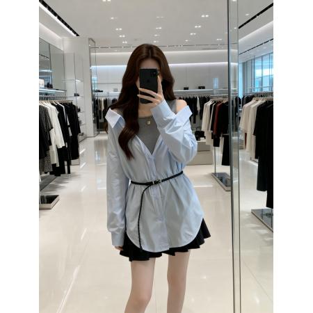 BY11905# 春季新款漏肩拼接针织百搭衬衫女大码宽松遮肉显瘦上衣 服裝批發女裝批發服飾貨源