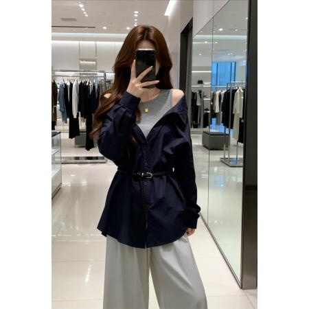 BY11905# 春季新款漏肩拼接针织百搭衬衫女大码宽松遮肉显瘦上衣 服裝批發女裝批發服飾貨源