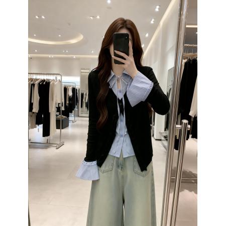 BY11906# 早春新款系带假两件拼接格子针织开衫女胖MM显瘦单上衣 服裝批發女裝批發服飾貨源