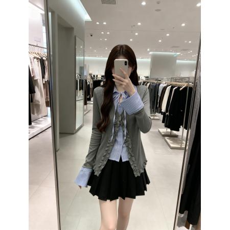 BY11906# 早春新款系带假两件拼接格子针织开衫女胖MM显瘦单上衣 服裝批發女裝批發服飾貨源