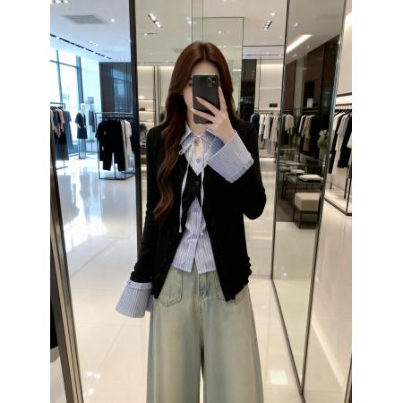 BY11906# 早春新款系带假两件拼接格子针织开衫女胖MM显瘦单上衣 服裝批發女裝批發服飾貨源