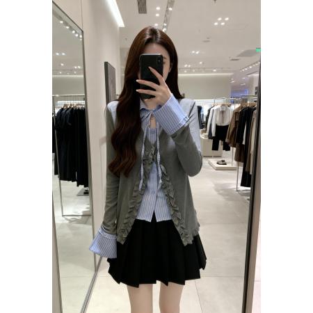 BY11906# 早春新款系带假两件拼接格子针织开衫女胖MM显瘦单上衣 服裝批發女裝批發服飾貨源