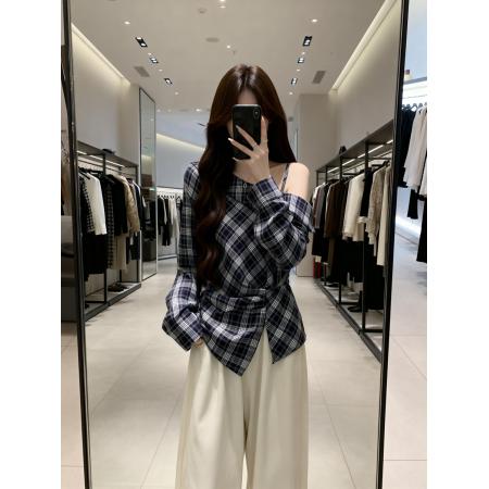 BY11908# 春季新款格子漏肩个性百搭衬衫女大码遮肉显瘦时尚上衣 服裝批發女裝批發服飾貨源