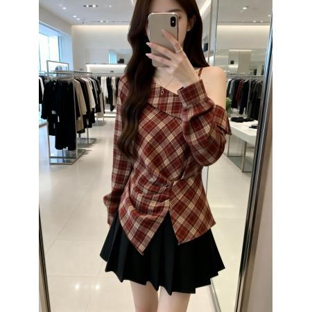 BY11908# 春季新款格子漏肩个性百搭衬衫女大码遮肉显瘦时尚上衣 服裝批發女裝批發服飾貨源