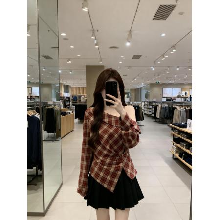 BY11908# 春季新款格子漏肩个性百搭衬衫女大码遮肉显瘦时尚上衣 服裝批發女裝批發服飾貨源