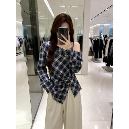 BY11908# 春季新款格子漏肩个性百搭衬衫女大码遮肉显瘦时尚上衣 服裝批發女裝批發服飾貨源