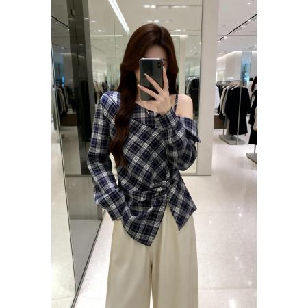 BY11908# 春季新款格子漏肩个性百搭衬衫女大码遮肉显瘦时尚上衣 服裝批發女裝批發服飾貨源