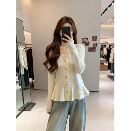 BY11909# 春季新款荷叶边单排扣百搭针织衫毛衣女大码收腰显瘦上衣 服裝批發女裝批發服飾貨源