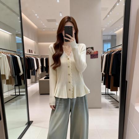 BY11909# 春季新款荷叶边单排扣百搭针织衫毛衣女大码收腰显瘦上衣 服裝批發女裝批發服飾貨源